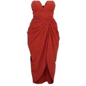 PrettyLittleThing Rust Woven Bandeau V Bar Gathered Hip Midi Dress Size 4‎